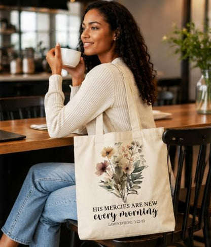Christian Bible Verse Tote Bag for Women Faith Church - color: Mercies