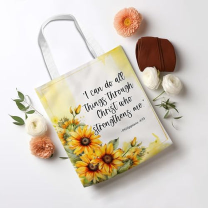 Positive Religious Christian Gifts Canvas Tote Bag for Women Christmas Birthday Cute Beach Reusable Grocery Bags - color: Philippians 4 13 Sunflower
