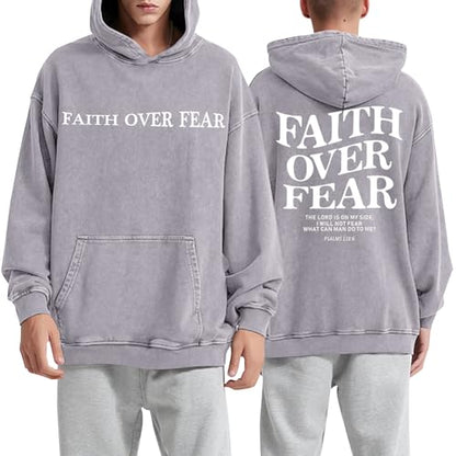 Christian Faith Over Fear Hoodies for Men Jesus Religious Graphic Sweatshirt Bible Verse Acid Wash Pullover Hoodie - color: Gray, size: Large