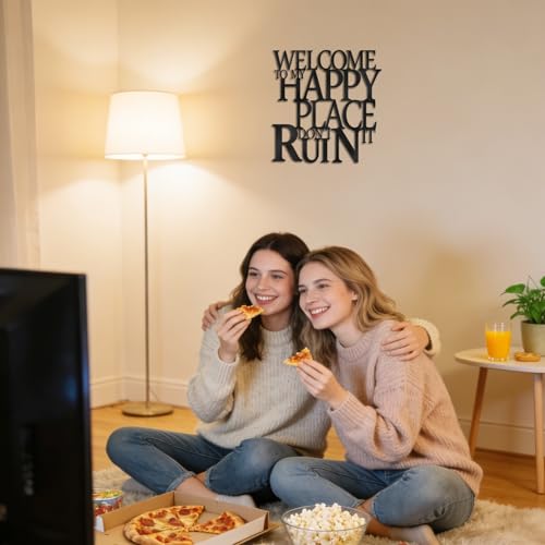 Black Metal Wall Art Funny Bathroom Office Kitchen Bar Garden Living Room Wall Decor for Bedroom Farmhouse Home Decor,Welcome To My Happy Place Don't Ruin It Sign,House Warming Gifts for Women Men - color: Welcome To My Happy Place