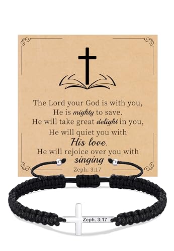 Christian Gifts Cross Bracelet for Men Easter Baptism Religious Gifts for Women Handmade Braided Bracelets Inspirational Confirmation Gifts for Teenage Girl Boys Jewelry - color: Silver, style: Zeph. 3:17