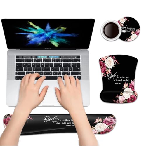 Keyboard Wrist Rest Pad and Ergonomic Mouse Pad Wrist Support Set Psalm 46:5 God is Within Her, She Will Not Fall Peony Flower for Gaming, Office, Comfortable and Pain Relief with Coaster Set - color: Fd-wristrest-2-6