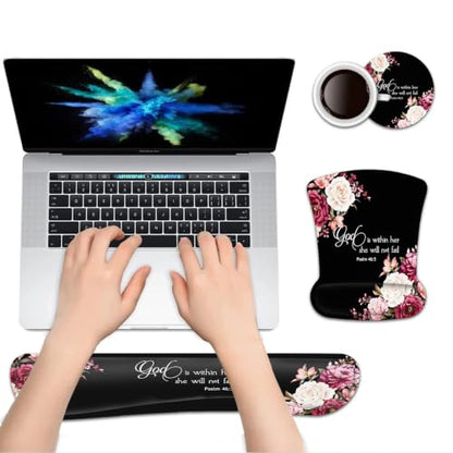 Keyboard Wrist Rest Pad and Ergonomic Mouse Pad Wrist Support Set Psalm 46:5 God is Within Her, She Will Not Fall Peony Flower for Gaming, Office, Comfortable and Pain Relief with Coaster Set - color: Fd-wristrest-2-6
