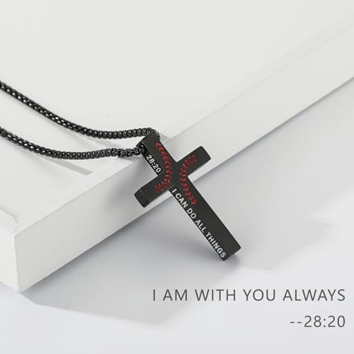 Baseball Bible Verse Cross Necklace for Boys Men, Stainless Steel Cross Pendant Baseball Game Day Christian Religious Jewelry Gifts for Teen Boys Kids - color: Black, style: MATTHEW 28:20