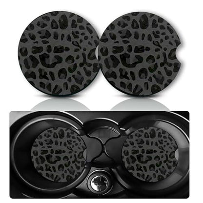 2Pcs Black Leopard Print Car Coasters,2.75" Neoprene Cup Holder Coasters - color: Black Leopard