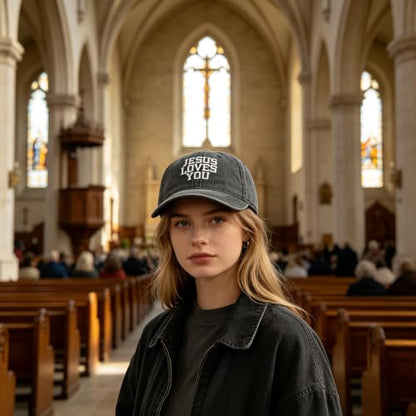 Inspirational Christian Baseball Cap, Adjustable Embroidered Cotton Hat for Men Women Dad Hat Gifts for His Her - color: Jesus Loves You - Black