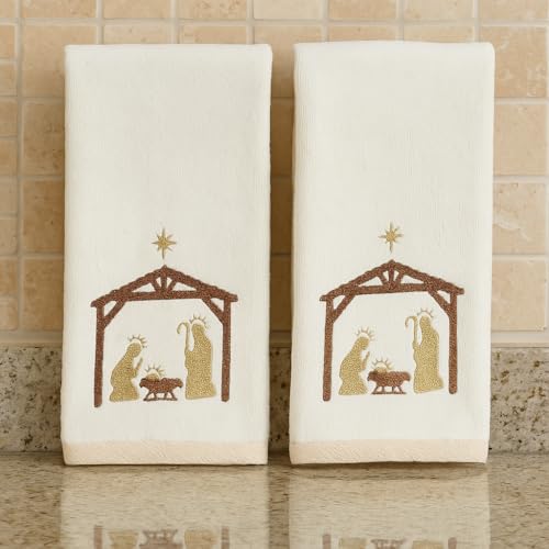 Christmas White Guest Hand Bathroom Towels, Nativity Manger Jesus, 16x26" - color: Manger