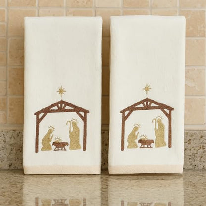 Christmas White Guest Hand Bathroom Towels, Nativity Manger Jesus, 16x26" - color: Manger