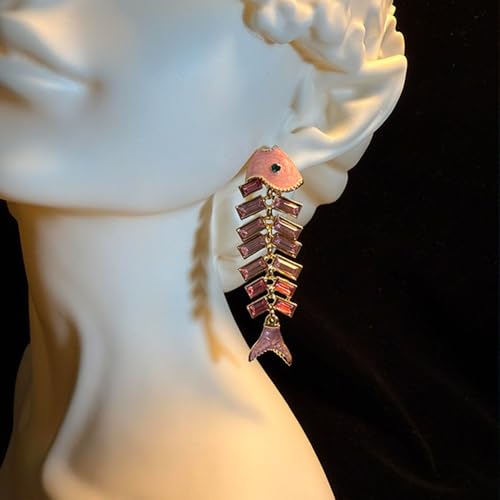 Fish Bone Earrings Drip Oil Animal Earrings Colorful Crystal Sparkly Enamel Earrings Creative Long Fishbone Earstud Dangle Fish Drop Earrings Jewelry for Women - color: Pink Fish