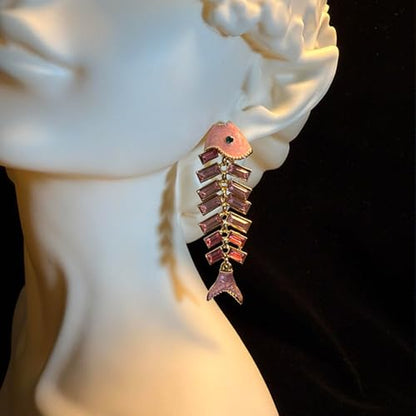 Fish Bone Earrings Drip Oil Animal Earrings Colorful Crystal Sparkly Enamel Earrings Creative Long Fishbone Earstud Dangle Fish Drop Earrings Jewelry for Women - color: Pink Fish