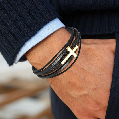 Leather Bracelet for Men Braided Stainless Steel Mens Bracelets - color: Black-GoldCross