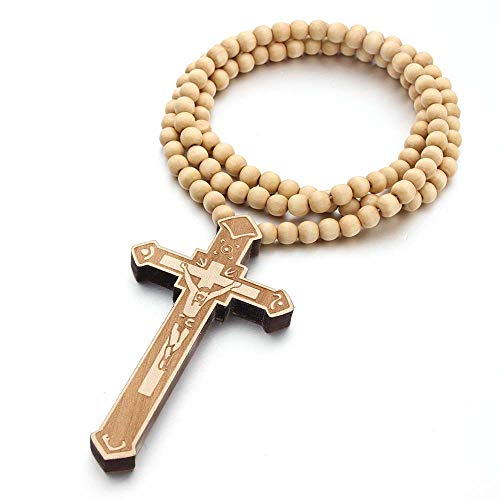 DATOA Religious Wooden Cross Large Big Jesus Crucifix Pendant Natural Wood Natural Rosary Colorful Beads Chain Necklace Christian Prayer Baptism Jewelry Easter Gift For Men Women - color: Yellow