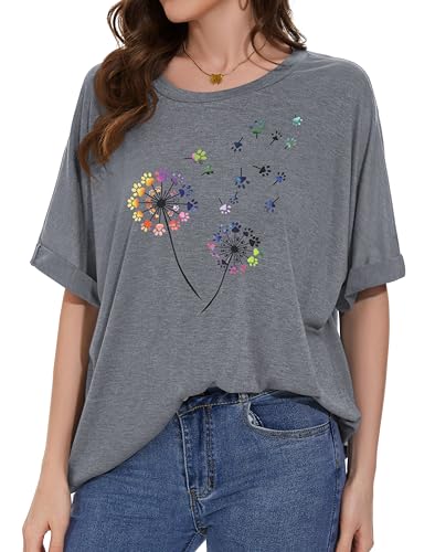 Oversized Tshirts for Women Summer Graphic Short Sleeve Tops Casual Shirts - color: Aa Dandelion Print Grey, size: X-Large