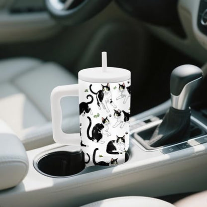 24oz Cat Tumbler with Handle & Straw, Gifts For Tuxedo Cat Lovers - color: Cat6