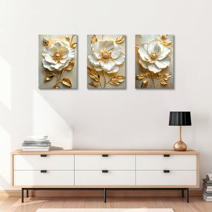 WENGTIAO Modern White Floral Golden Leaves Canvas Wall Art Set 20x28 x3Pcs - color: Flower-golden leaf, size: 20"x28"x3Pcs