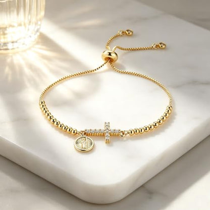 HZMAN 14K Gold Plated Cross Bracelet for Women, Brass Adjustable Bolo Bracelet with CZ, Religious Saint Benedict/Virgin Mary/Jude Pendant Jewelry Gift - color: Saint Jude