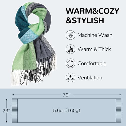 Loritta Winter Scarf for Women, Long Plaid Shawl Wraps Scarves Gifts - color: J-green Water Blue Plaid