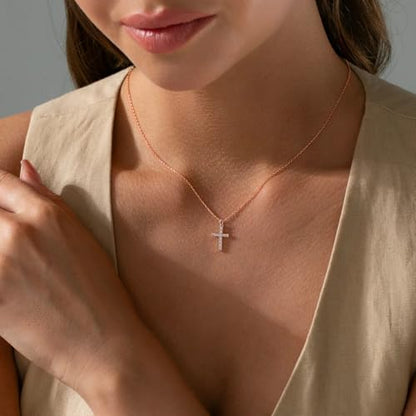 Tewiky Cross Necklace for Women Gold Cross Pendant Cute Necklaces - color: Rose gold CZ Cross