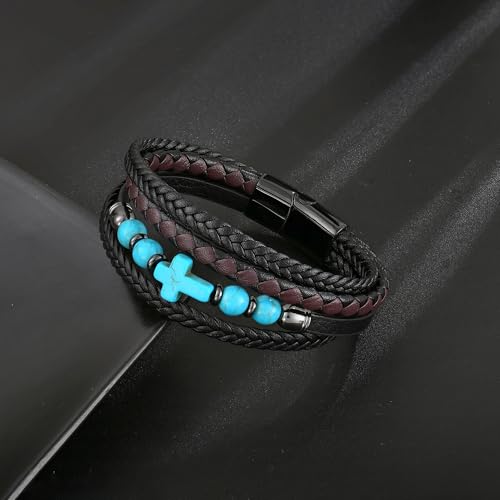 Men's Leather & Lapis/Onyx/Turquoise/Tiger Eye Cross Bracelet - Braided Christian Jewelry for Men, 8.3" & 9.1" Sizes - color: Turquoise, size: 9.1in(Fits larger wrists)