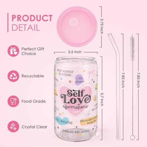 SANDJEST Inspiration Glass Can, Self Love Iced Coffee Aesthetic Cup, Gifts for Christmas Birthday, Gift for Women Girls, 16oz - color: Inspiration 3