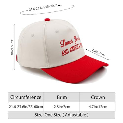 Embroidered Christian Two-Tone Baseball Cap for Men & Women, Adjustable Dad Hat Christmas Easter Gift - color: Loves Jesus and America Too, Red/Beige