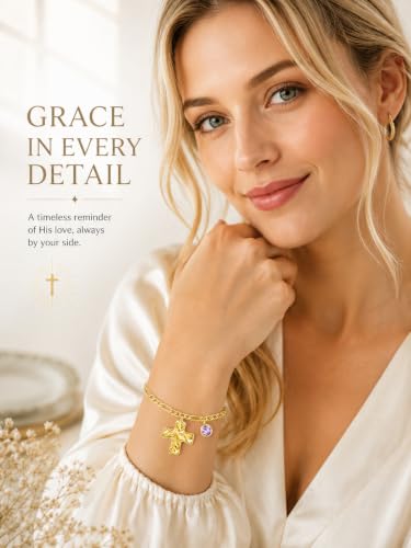 14K Gold Cross Religious Christian Birthstone Women Bracelet Gifts