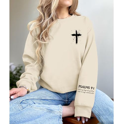 Women Christian Sweatshirt Psalms 91 Jesus Hoodie Religious Faith God Shirt Bible Verse Inspirational Pullover Tops - color: Apricot, size: Large