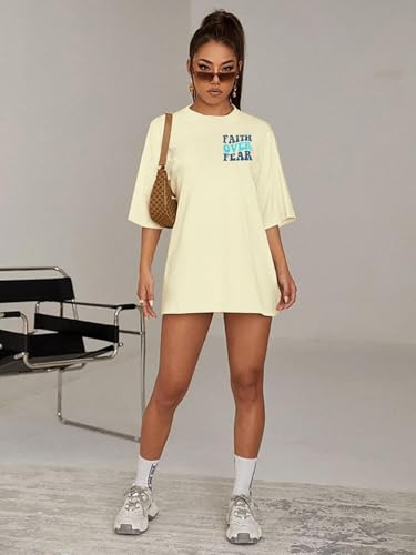 BANGELY Faith Over Fear Shirt Women Graphic Shirts Oversized Workout Gym Christian Religious Tees Drop Shoulder Tee Tops - color: Apricot, size: Large