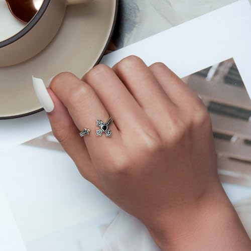 Sterling Silver Adjustable Ring Guitar/Wing/Cross Design, Unique S925 Open Ring Birthday Jewelry for Women - style: Cross