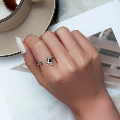 Sterling Silver Adjustable Ring Guitar/Wing/Cross Design, Unique S925 Open Ring Birthday Jewelry for Women - style: Cross