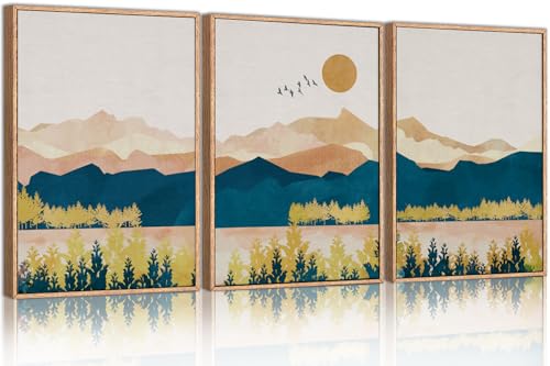 HPINUB Mountain Framed Canvas Wall Art Set, Mid Century Modern Wall Decor, Set of 3 Boho Artwork Nature Art Paintings, Bohemian Art Prints for Living Room, Bedroom, Dining Room, Office - 16"x24"x3 - color: Abstract Nature Wall Art, size: 16"L x 24"W