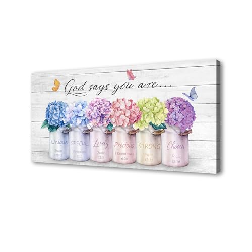 Cao Gen Decor ArtH43075 Inspirational Bible Verse Wall Art: God Says You Are Wall Sayings Flowers in Mason Jar Picture Print Christian Gift Quotes Poster for Women Girl Bedroom Home Decor Artwork - color: Colorful, size: 58"L x 29"W