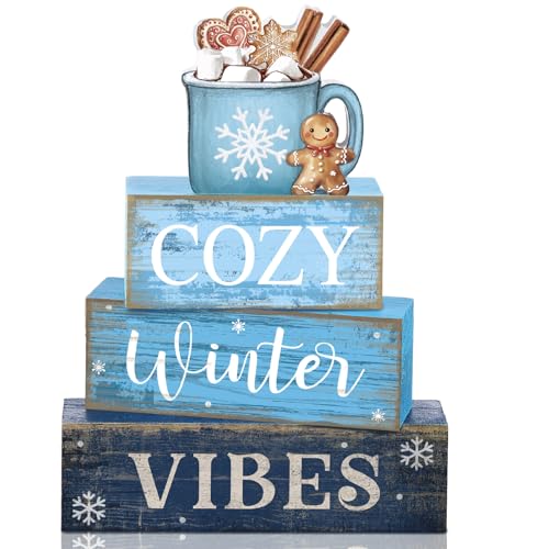 Lineshading 4 Pcs Christmas Table Decorations Wooden Blue Hot Cocoa Signs - style: Blue Hot Cocoa