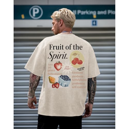 Christian Fruit of The Spirit Shirt for Men Jesus Religious Shirts Oversized Graphic Tees Acid Wash God T-Shirt Tops - color: Apricot, size: Medium