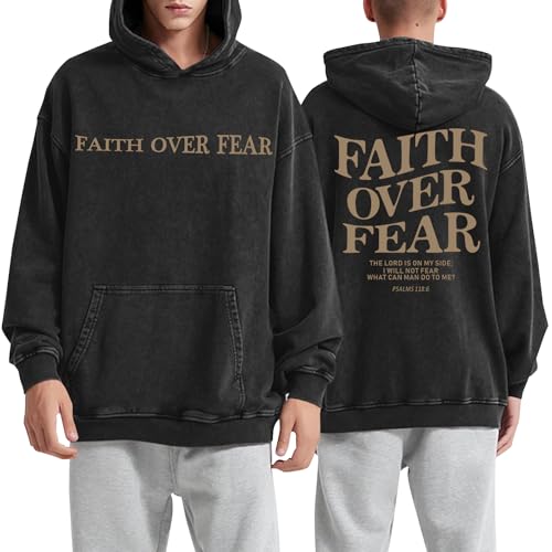 Christian Faith Over Fear Hoodies for Men Jesus Religious Graphic Sweatshirt Bible Verse Acid Wash Pullover Hoodie - color: Black, size: XX-Large