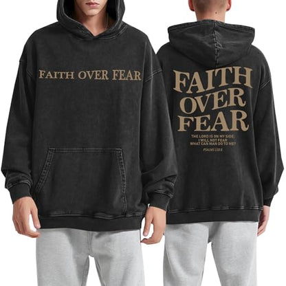 Christian Faith Over Fear Hoodies for Men Jesus Religious Graphic Sweatshirt Bible Verse Acid Wash Pullover Hoodie - color: Black, size: XX-Large