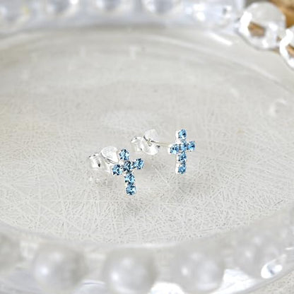 AeraVida Sparkling and Colorful Faith Cubic Zirconia Cross Sterling Silver Stud Earrings | Religious Pierced Jewelry Gift for Women | Christian Daily Wear Earrings - color: Topas