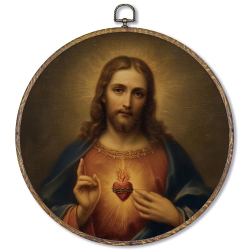 Fewgb Catholic Sacred Heart of Jesus Round Wall Art Decor Framed, Vintage Christian Canvas Wall Art Prints Picture, Dark Religious Hanging Room Decor Artwork for Church Gallery Bedroom 10x10 - color: jesus-05