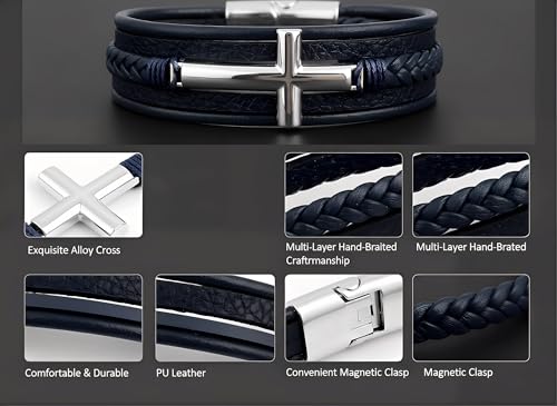 Stainless Steel Braided Leather Bracelet for Men Cuff Bangle Cross - color: Blue&Silver