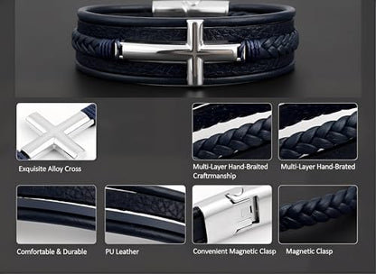 Stainless Steel Braided Leather Bracelet for Men Cuff Bangle Cross - color: Blue&Silver