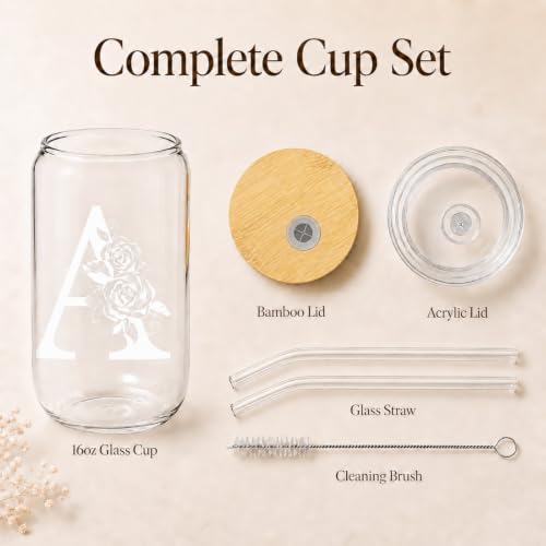 Personalized Cups, Custom Initial Tumbler, Cute Glass Tumbler, 16 oz Iced Coffee Cup, Personalized Gifts for Women, Letter Q Cup with Bamboo Lid and Glass Straw, Cute Coffee Drinkware - style: Q