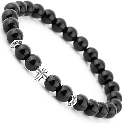 Wood Beaded Cross Bracelet for Men: Confirmation Gifts for Teens First Communion Religious Cross Statement - style: Onyx beads with cross