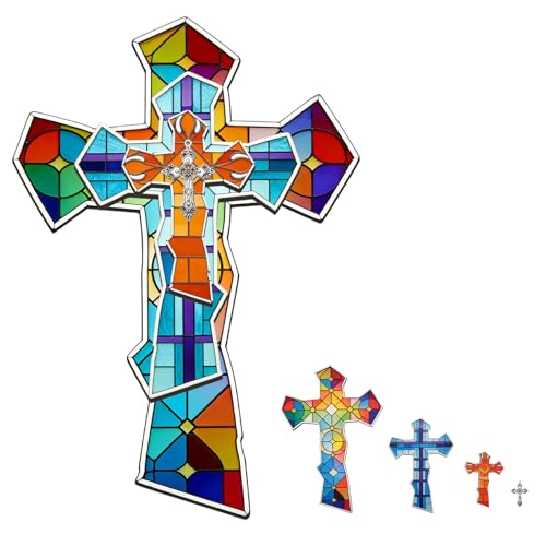 Goodangie00 14" Three Layered Wooden Cross Wall Decor, 3D Stained Glass Catholic Crucifix Hanging Art for Home Church Entryway Religious Blessing Baptism Christian Faith Prayer Corner Mothers Gift - color: Tiffany-3 Layer