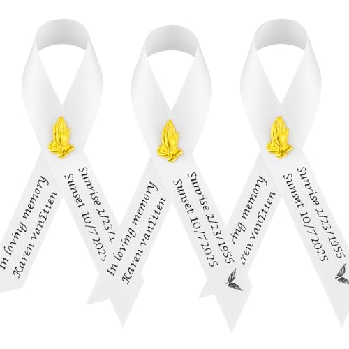 Personalized Memorial Service Funeral Ribbon Pins 20 Cross Religious Celebration of Life Custom Made Awareness Remembrance Anniversary Death Cross Sympathy Name Angel - color: White