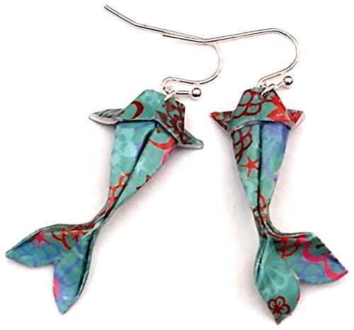 Paper Origami Koi Fish Earrings, 6 Color Patterns - color: Teal Pink Brown