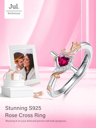 Birthday Gifts Birthstone Rings for Women 925 Sterling Silver Birthstone Rings Anchor/Tree of Life/Snake/Rose Cross Faith Religous Jewelry Gift for Wife Mom Grandma - color: 07-Ruby (C), style: Rose Cross