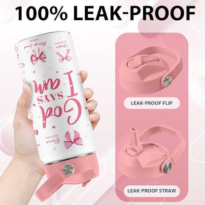 Christian Gifts, Pink Bow Water Bottle with Straw Lid, 16 oz Insulated Stainless Steel, Christian Cups Gifts for Birthday Christmas - color: Christian
