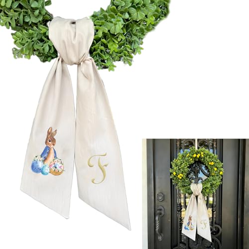 Rabbit Easter Wreath Bow Custom Embroidered Monogram Spring Bunny Wreath Sash for Front Door Hand Tailored Easter Decorations Spring Bows for Wreaths (F) - color: F