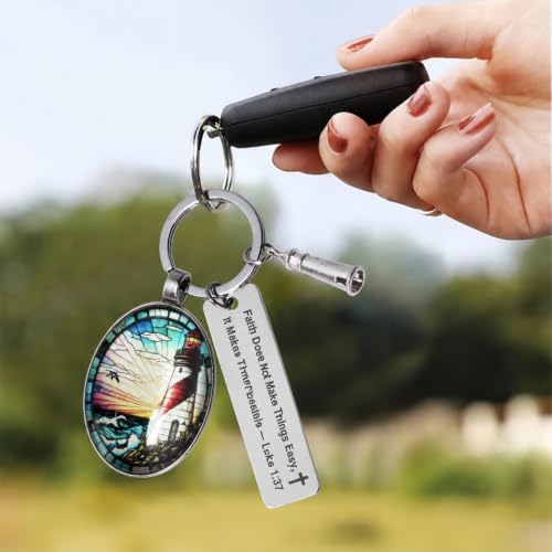 3D Glass Lighthouse Keychain with Bible Verses,Christian Gifts for Women Faith - color: Luke 1:37