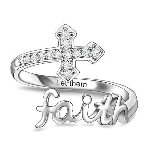 Helonley Cross Faith Ring for Women - 925 Sterling Silver Inspiration Rings - style: Let Them